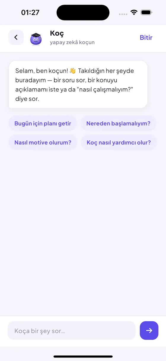 Yapay zekâ koç ekranı: takıldığın yeri sorabildiğin sohbet.