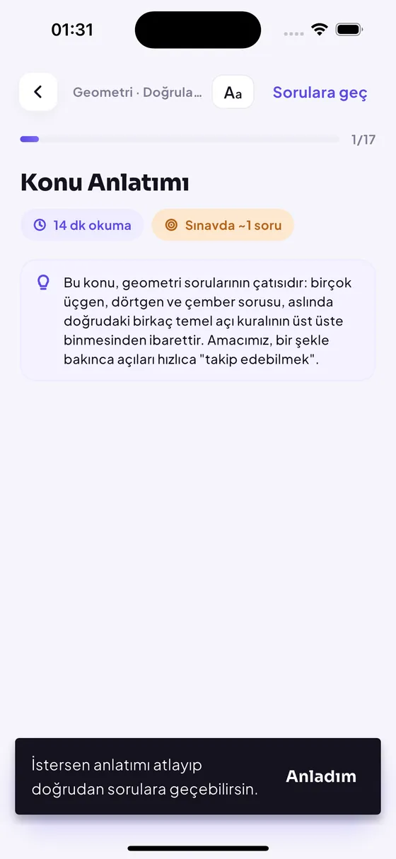 Konu anlatımı ekranı: okuma süresi ve konunun sınavdaki soru ağırlığı.